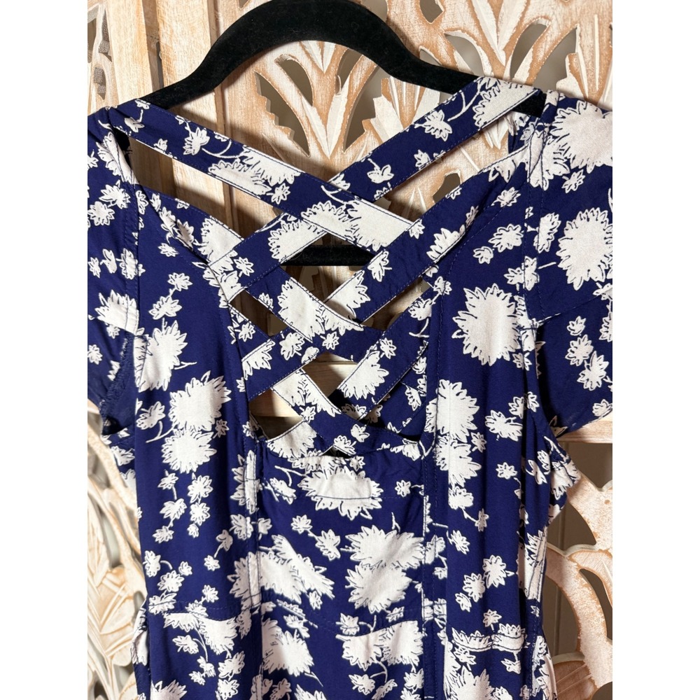 Maeve Anthropologie Navy Blue Floral Button Front Midi Dress Strappy Back 0P - Picture 8 of 10